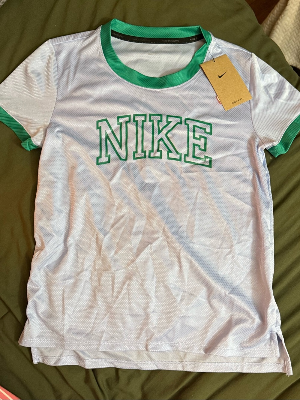 Nike White Short Sleeve Tee with Green Trim and NIKE Chest Logo